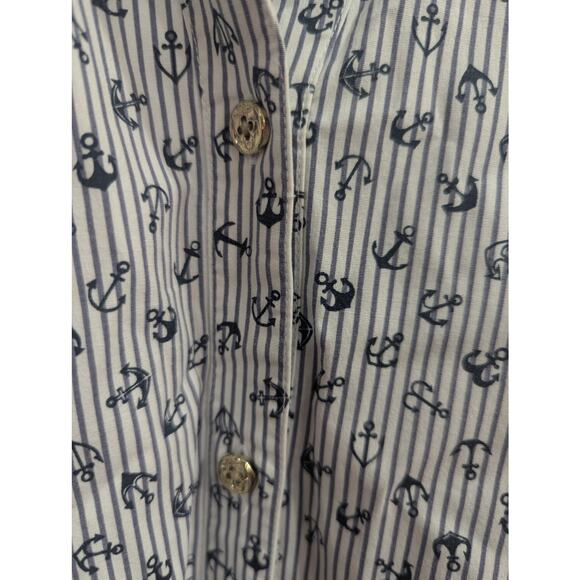 Women's vertical pinstripe w/anchor print cotton button up Henley neckline top - Picture 8 of 13